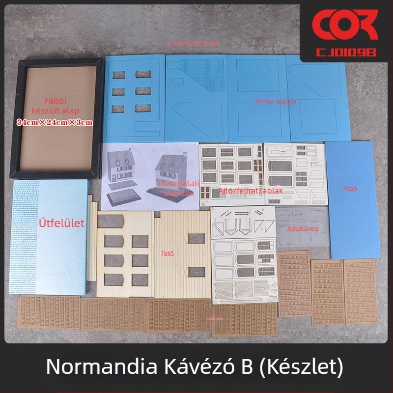 Fából készült dioráma modellkészlet, összeszerelhető, jelenet: kávézó és ház, 1:35-ös méretarány