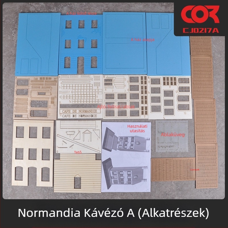 Fából készült dioráma modellkészlet, összeszerelhető, jelenet: kávézó és ház, 1:35-ös méretarány