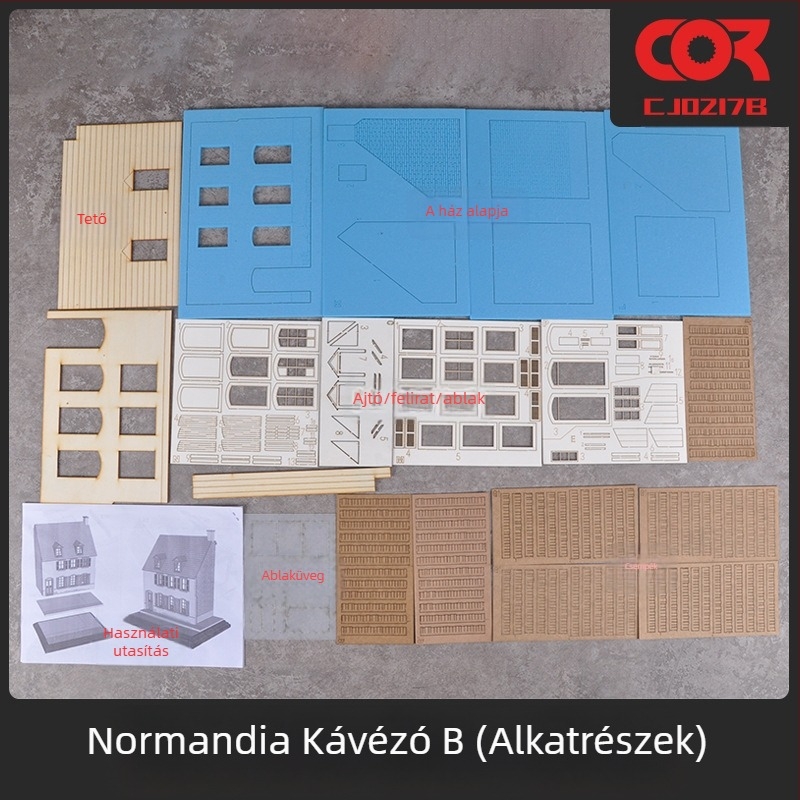 Fából készült dioráma modellkészlet, összeszerelhető, jelenet: kávézó és ház, 1:35-ös méretarány