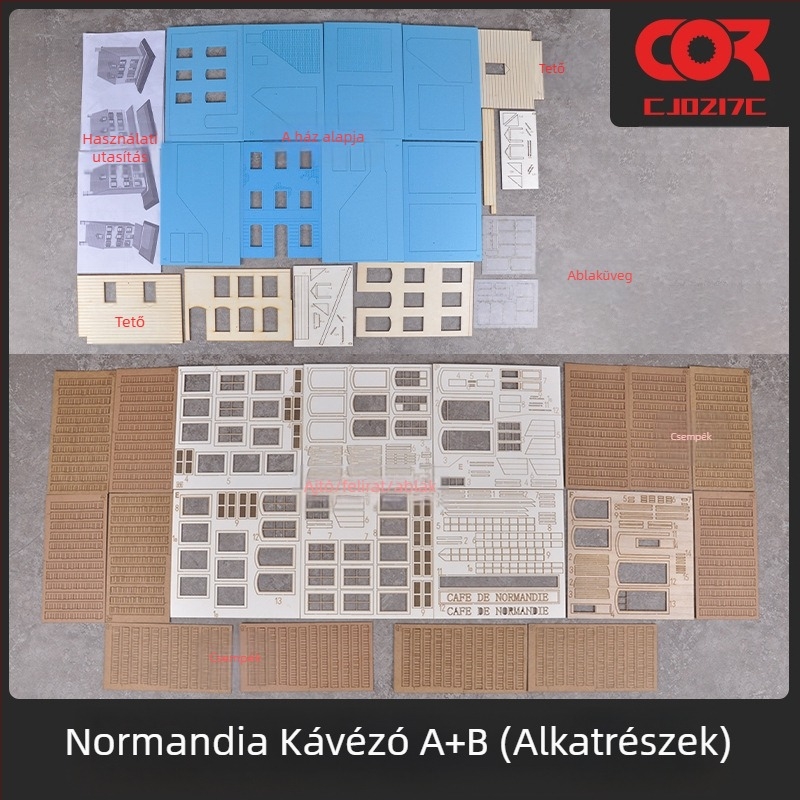 Fából készült dioráma modellkészlet, összeszerelhető, jelenet: kávézó és ház, 1:35-ös méretarány