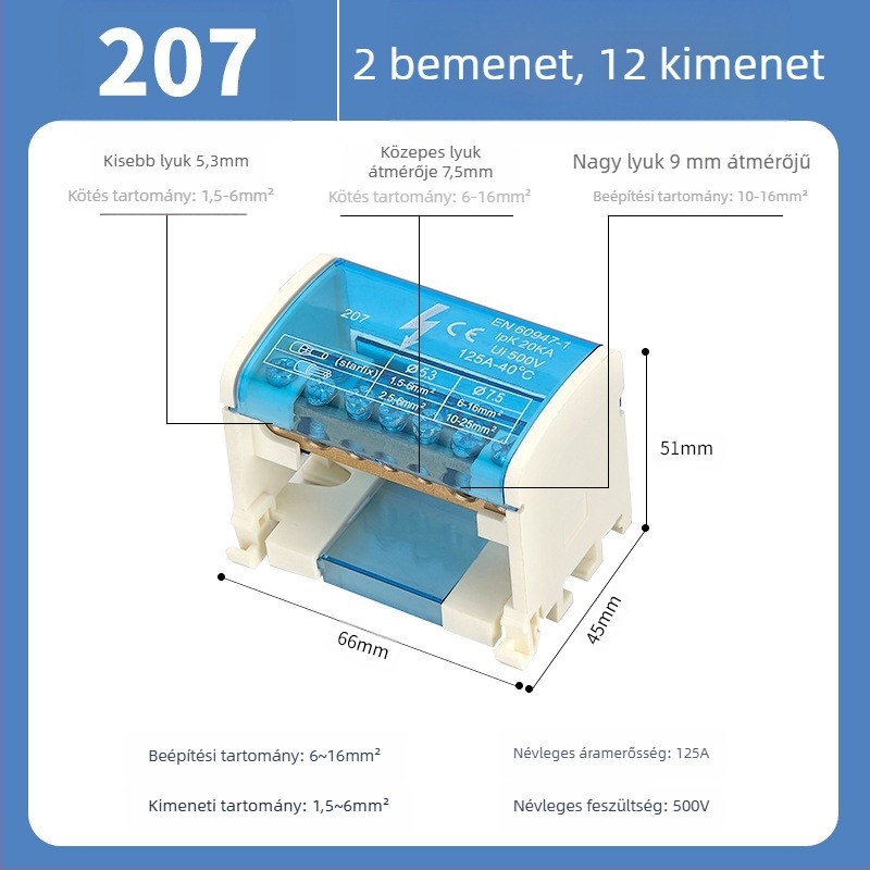 UKK elosztódoboz, nagy teljesítményű, tiszta réz neutrális terminál-doboz, modellek 207/211/215/407/411/415, elosztó doboz