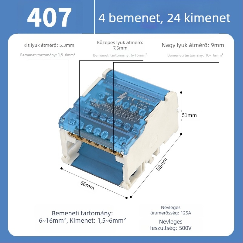 UKK elosztódoboz, nagy teljesítményű, tiszta réz neutrális terminál-doboz, modellek 207/211/215/407/411/415, elosztó doboz