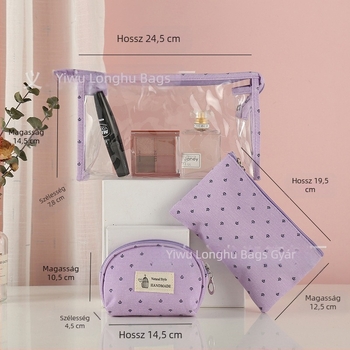 Kozmetikai tároló táska - Három darabos készlet, PU bőr, masni minta, vízálló, belső nylon bélés