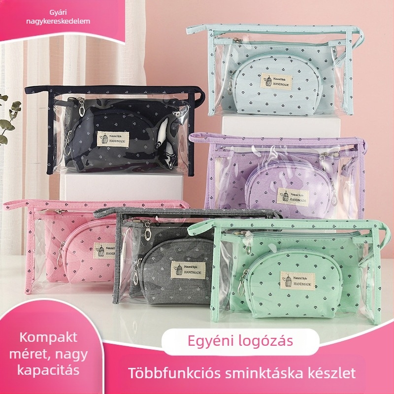 Kozmetikai tároló táska - Három darabos készlet, PU bőr, masni minta, vízálló, belső nylon bélés