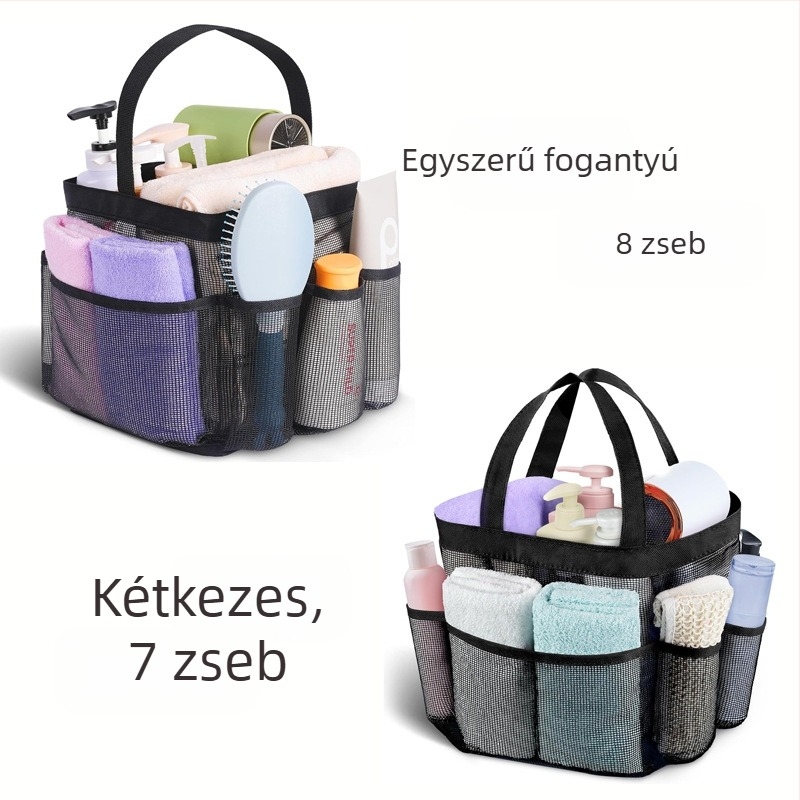 kozmetikai táska egy- vagy kétmarkolatú, húzózáras zárás, légáteresztő hálós anyag, több rekesz utazáshoz