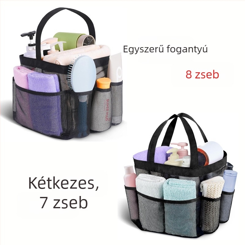 kozmetikai táska egy- vagy kétmarkolatú, húzózáras zárás, légáteresztő hálós anyag, több rekesz utazáshoz