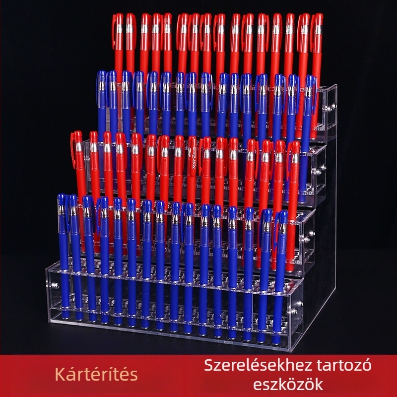 Akril hajcsat-tároló kirakodó polc több rétegű tartóval – műanyag kivitel; 1–4 réteg; lyukak 48/96/144/192