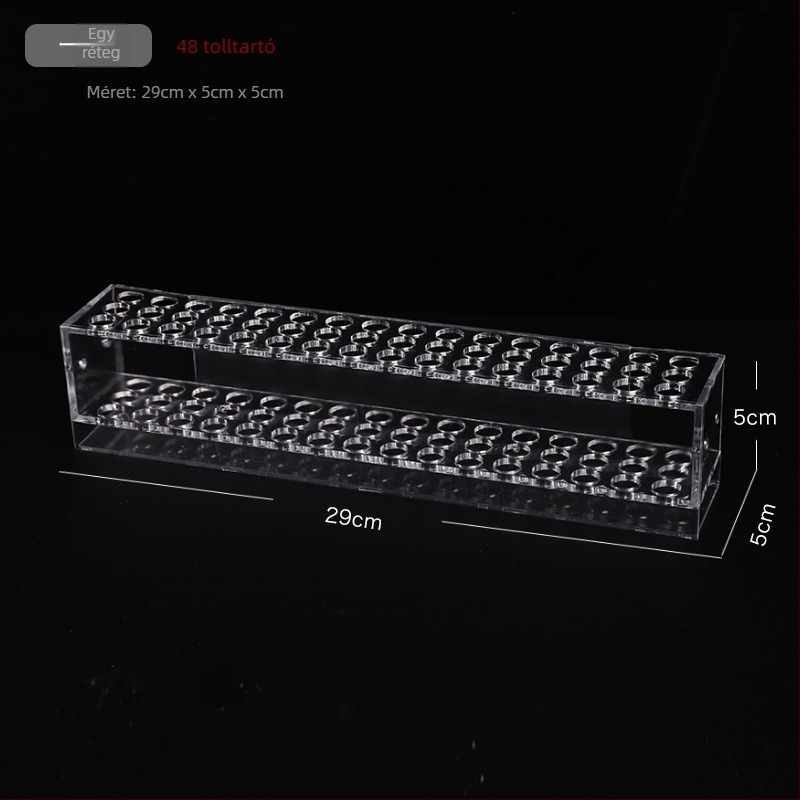 Akril hajcsat-tároló kirakodó polc több rétegű tartóval – műanyag kivitel; 1–4 réteg; lyukak 48/96/144/192