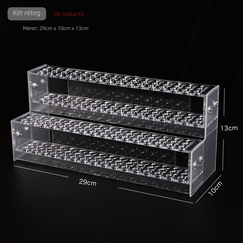 Akril hajcsat-tároló kirakodó polc több rétegű tartóval – műanyag kivitel; 1–4 réteg; lyukak 48/96/144/192