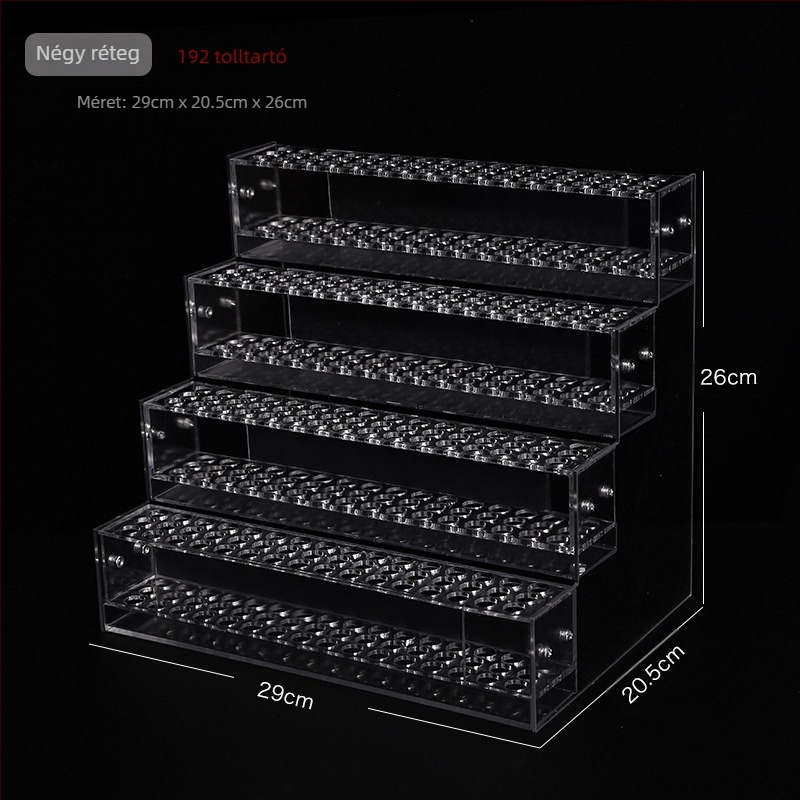 Akril hajcsat-tároló kirakodó polc több rétegű tartóval – műanyag kivitel; 1–4 réteg; lyukak 48/96/144/192