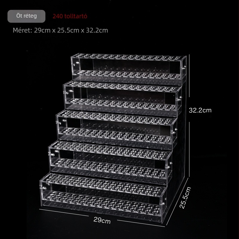 Akril hajcsat-tároló kirakodó polc több rétegű tartóval – műanyag kivitel; 1–4 réteg; lyukak 48/96/144/192