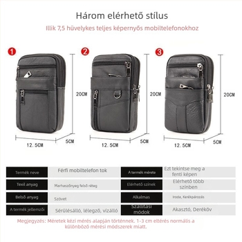 Valódi bőrből készült mobiltelefon-táska, felső réteg marhabőrből, cipzáras zárás, függőleges négyszögletes sziluett, poliészter bélés