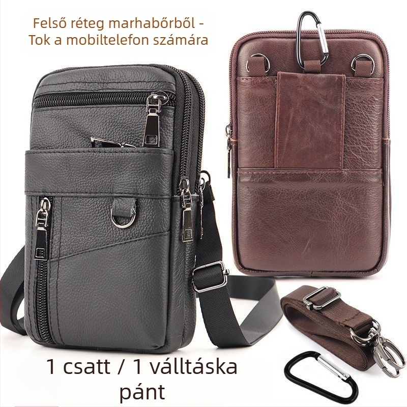 Valódi bőrből készült mobiltelefon-táska, felső réteg marhabőrből, cipzáras zárás, függőleges négyszögletes sziluett, poliészter bélés