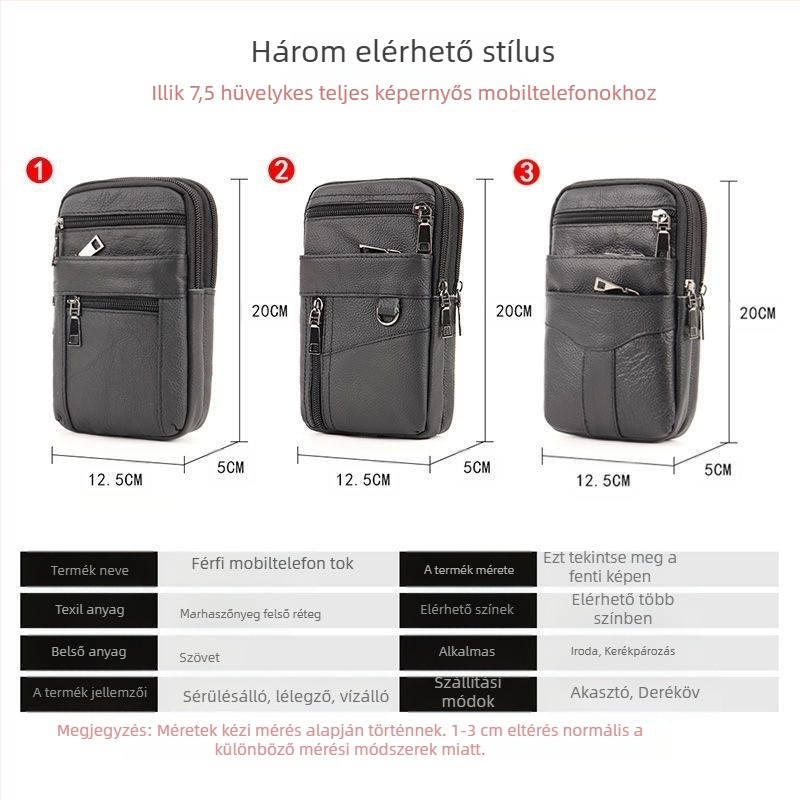 Valódi bőrből készült mobiltelefon-táska, felső réteg marhabőrből, cipzáras zárás, függőleges négyszögletes sziluett, poliészter bélés