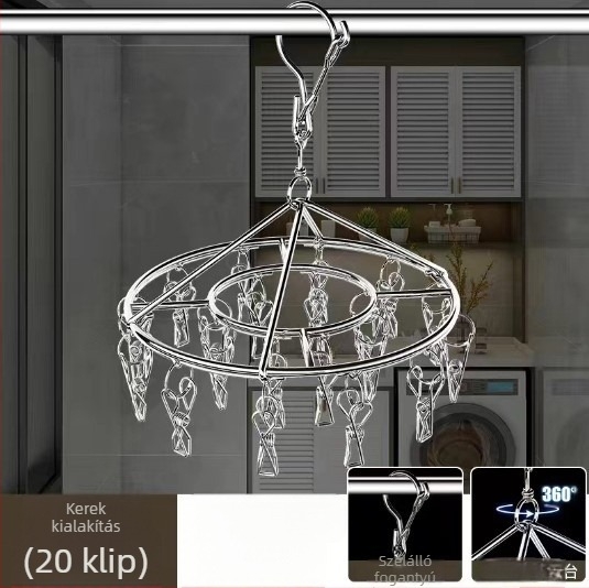 Rozsdamentes acélból készült szélálló ruhaszárító állvány 10 csipesszel, többsoros akasztókkal, modern minimalist dizájn