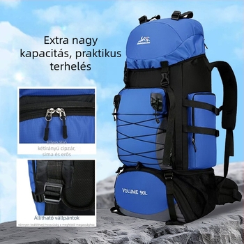 Nylonból készült túrahátizsák, ergonikus hátrész fiziológiai görbével, kopásálló, nedves-száraz elválasztás, poliészter bélés