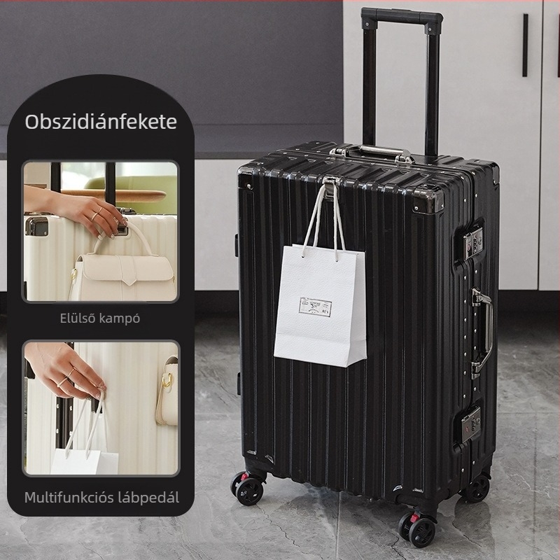 Alumíniumvázú kézipoggyász univerzális kerekekkel, ABS/PC héj, vízálló és kopásálló, jelszavas zár