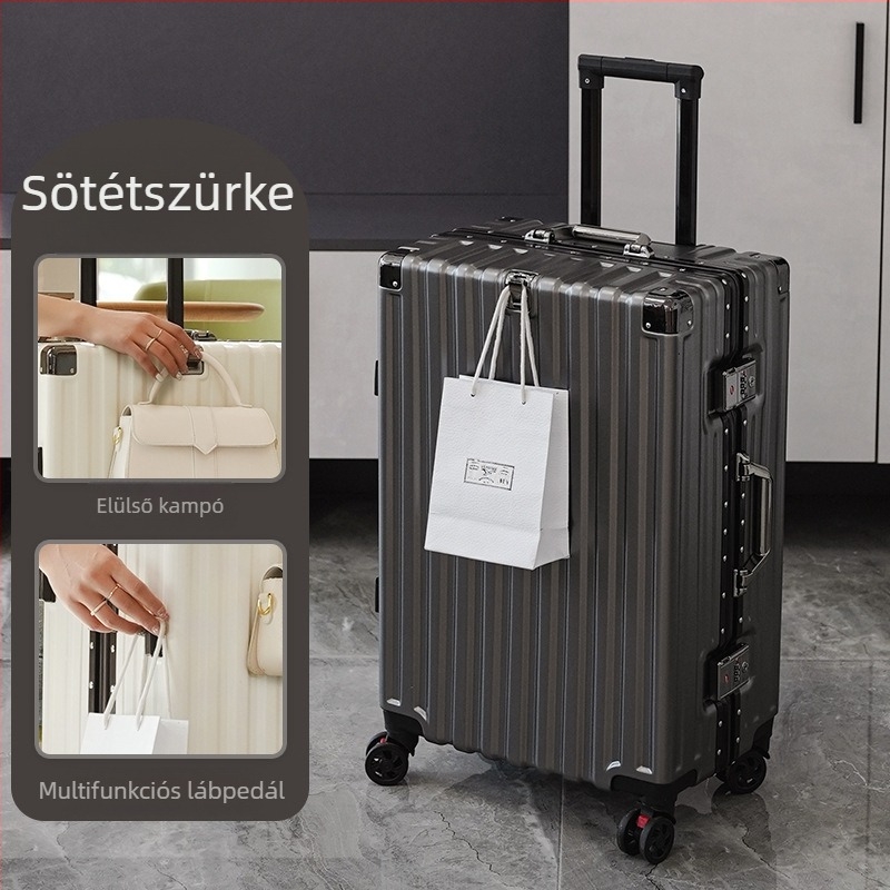 Alumíniumvázú kézipoggyász univerzális kerekekkel, ABS/PC héj, vízálló és kopásálló, jelszavas zár
