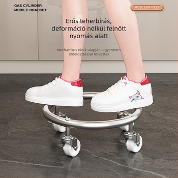 Fékezhető univerzális kerekekkel ellátott gázpalack alap, rozsdamentes acélból, mozgó tálca