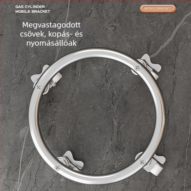 Fékezhető univerzális kerekekkel ellátott gázpalack alap, rozsdamentes acélból, mozgó tálca