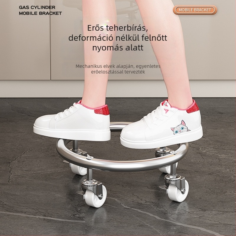 Fékezhető univerzális kerekekkel ellátott gázpalack alap, rozsdamentes acélból, mozgó tálca