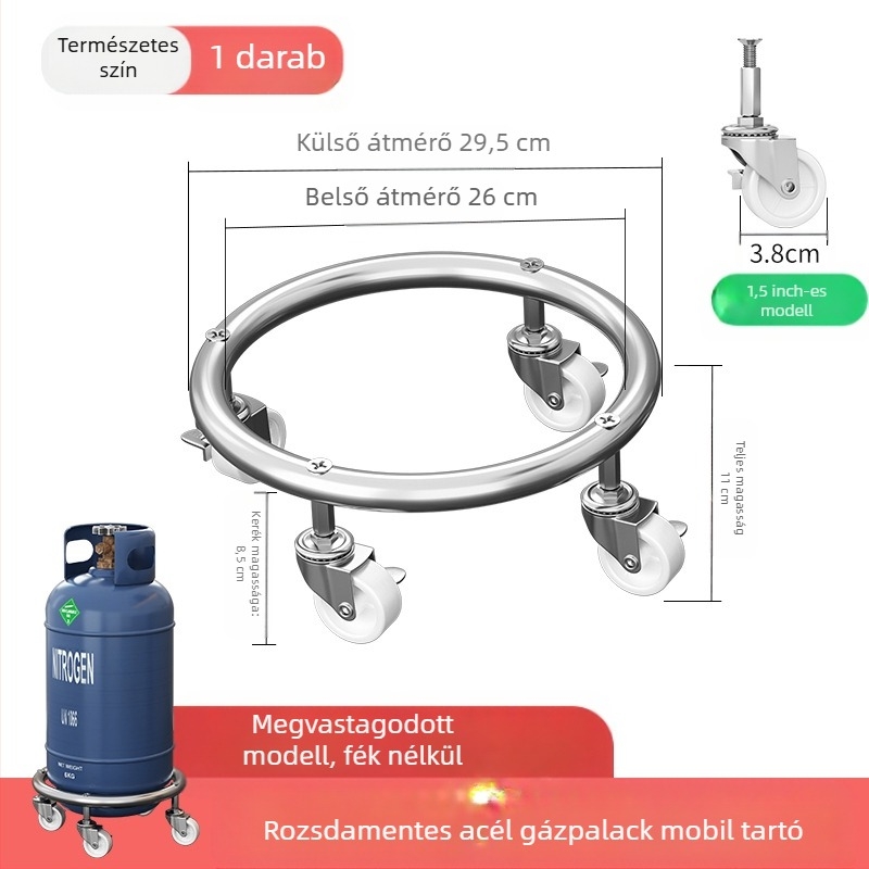 Fékezhető univerzális kerekekkel ellátott gázpalack alap, rozsdamentes acélból, mozgó tálca