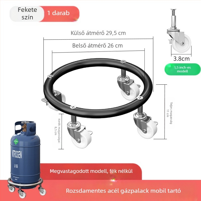 Fékezhető univerzális kerekekkel ellátott gázpalack alap, rozsdamentes acélból, mozgó tálca