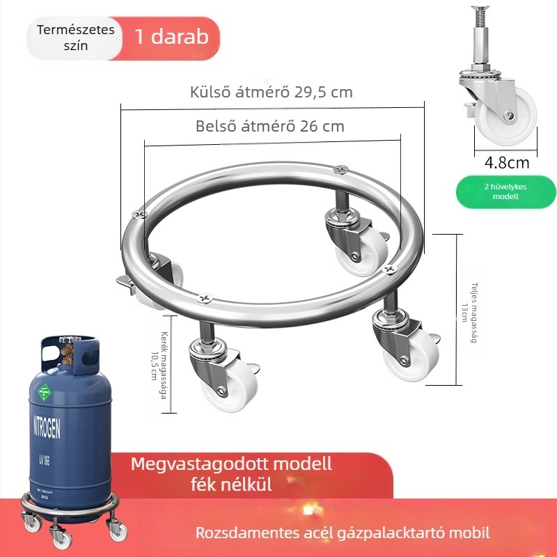 Fékezhető univerzális kerekekkel ellátott gázpalack alap, rozsdamentes acélból, mozgó tálca