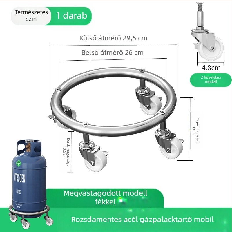 Fékezhető univerzális kerekekkel ellátott gázpalack alap, rozsdamentes acélból, mozgó tálca