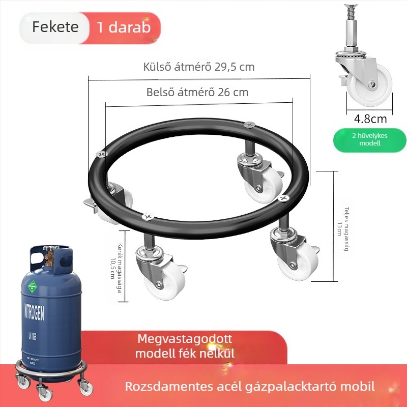 Fékezhető univerzális kerekekkel ellátott gázpalack alap, rozsdamentes acélból, mozgó tálca