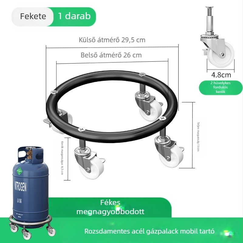 Fékezhető univerzális kerekekkel ellátott gázpalack alap, rozsdamentes acélból, mozgó tálca