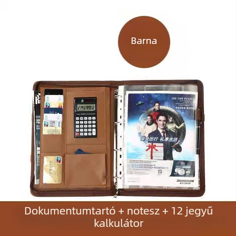 Bőr A4-es mappa cipzárral és erős klipekkel – többfunkciós üzleti mappa (Alkalmazható papírméret: A4; Lemez vastagsága: 0,05; Modell: BS-002)