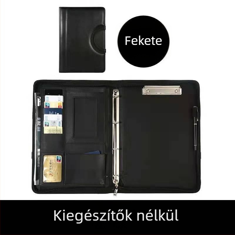Bőr A4-es mappa cipzárral és erős klipekkel – többfunkciós üzleti mappa (Alkalmazható papírméret: A4; Lemez vastagsága: 0,05; Modell: BS-002)