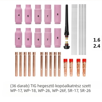 WP17/18/26 sorozat TIG hegesztőpisztoly fogyóeszközök készlet – WT20 wolframáelectroda fogó, 1,6 mm maghenger átmérő