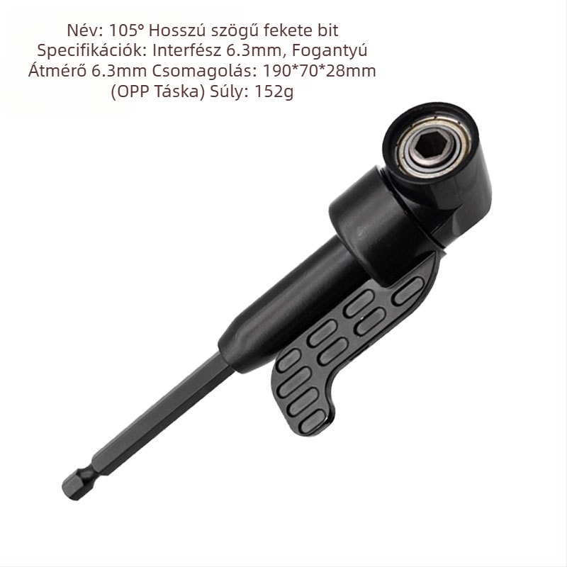 105°-os szögű adapter csavarhúzóhoz hexagonális markolattal és rugalmas tengellyel, ABS műanyagból, a csavarokhoz