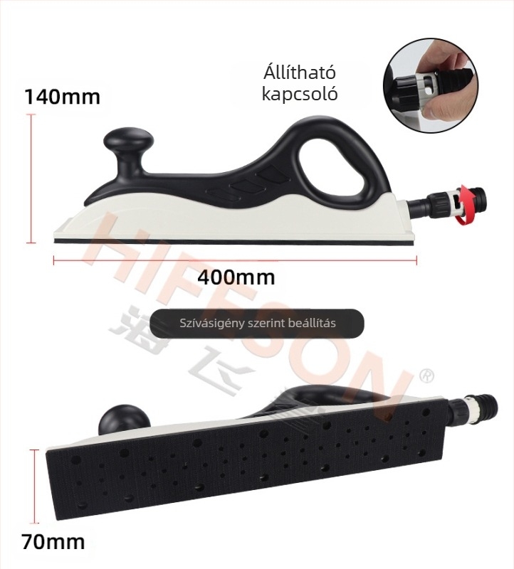 Kézi csiszolódeszka állítható téglalap alakú csiszolóval, csiszoláshoz, polírozáshoz és száraz csiszoláshoz, porelszívó rendszerrel.