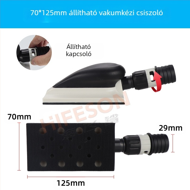 Kézi csiszolódeszka állítható téglalap alakú csiszolóval, csiszoláshoz, polírozáshoz és száraz csiszoláshoz, porelszívó rendszerrel.