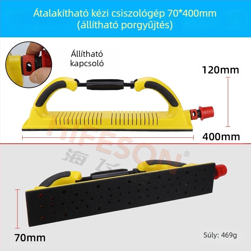 Kézi csiszolódeszka állítható téglalap alakú csiszolóval, csiszoláshoz, polírozáshoz és száraz csiszoláshoz, porelszívó rendszerrel.