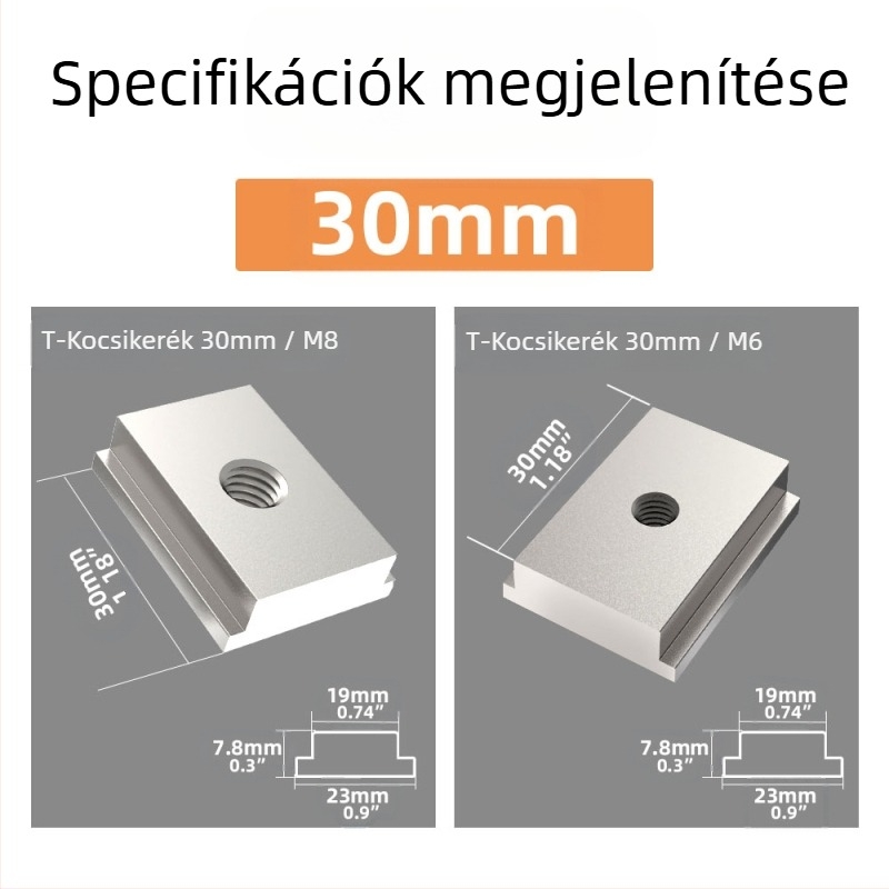 10 részes famegmunkálási T-alagút csúszó készlet M8T csavarokkal, M8 anyákkal és fogantyúval — Tömeg: 0,4