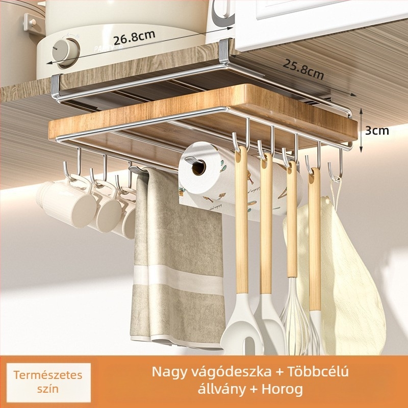 Kétszintes függő konyhai tárolópolc, fém, többfunkciós, telepítés nélkül