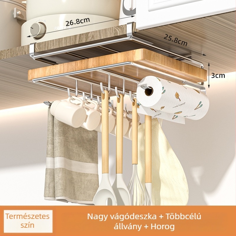 Kétszintes függő konyhai tárolópolc, fém, többfunkciós, telepítés nélkül