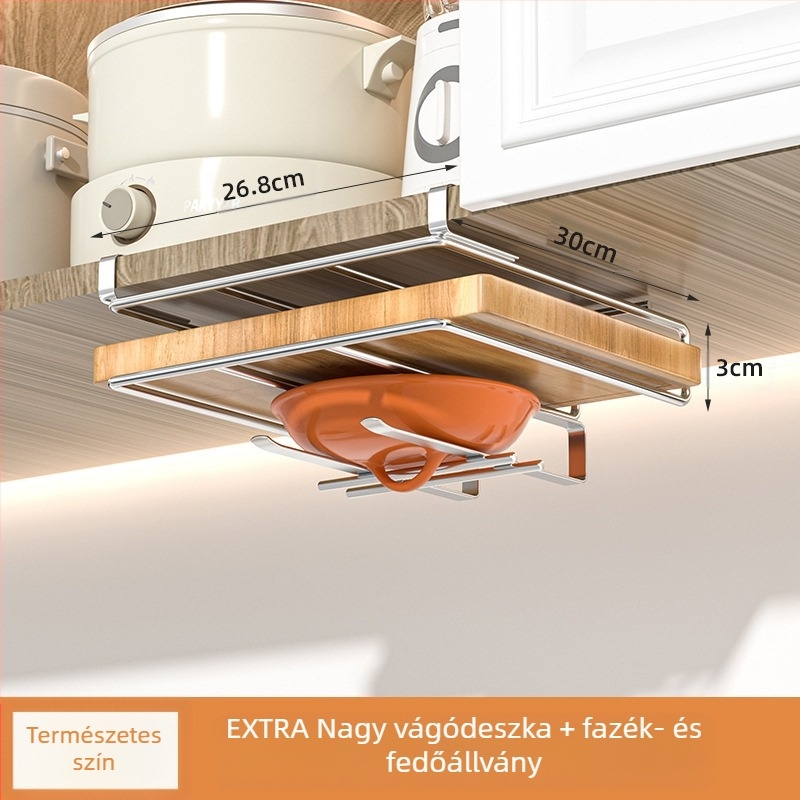 Kétszintes függő konyhai tárolópolc, fém, többfunkciós, telepítés nélkül