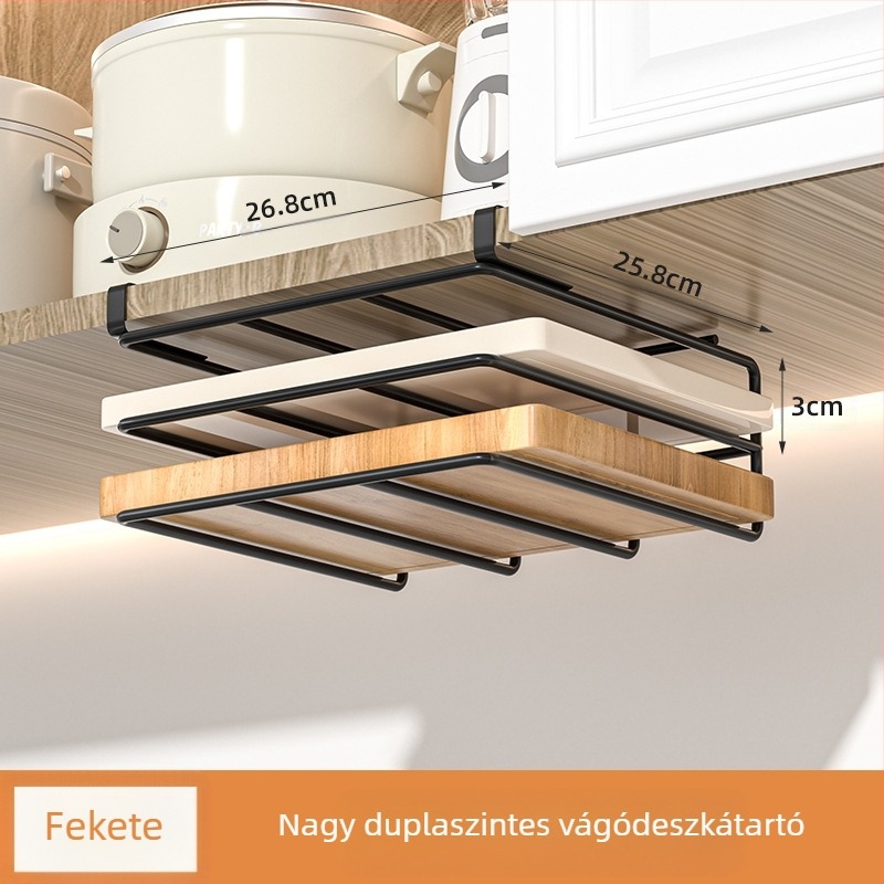 Kétszintes függő konyhai tárolópolc, fém, többfunkciós, telepítés nélkül