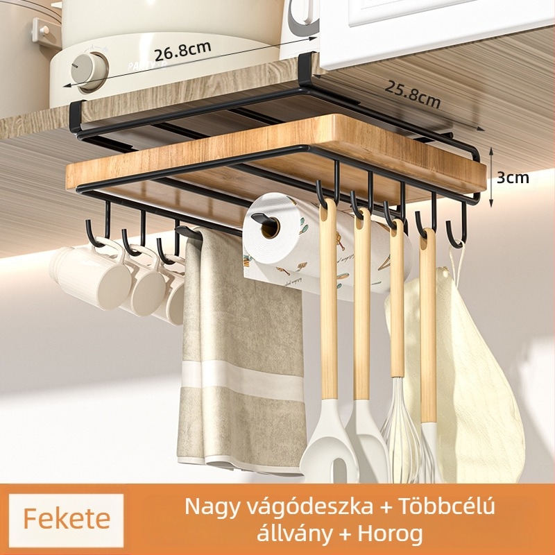 Kétszintes függő konyhai tárolópolc, fém, többfunkciós, telepítés nélkül