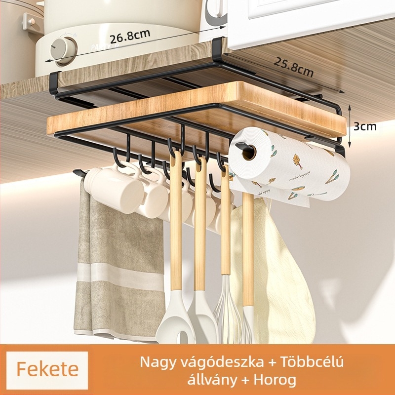 Kétszintes függő konyhai tárolópolc, fém, többfunkciós, telepítés nélkül