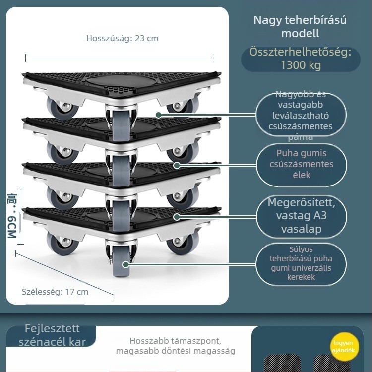 Költöztető eszköz háztartási gépek és bútorok számára — szénacél; egyszerű és modern design; alkalmas mosógépek, hűtőszekrények, kávéasztalok és ágyak mozgatására; ideális konyha, hálószoba és nappali használatra.