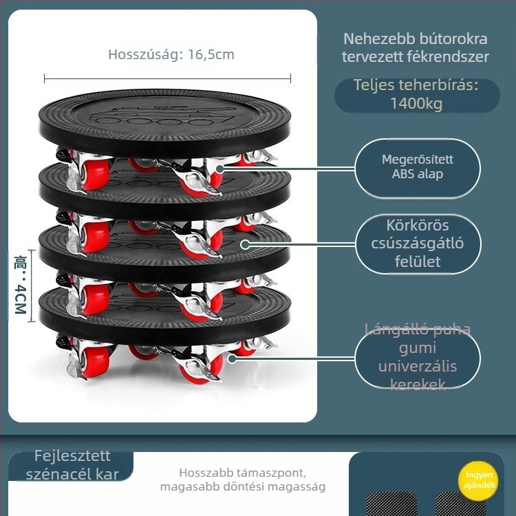 Költöztető eszköz háztartási gépek és bútorok számára — szénacél; egyszerű és modern design; alkalmas mosógépek, hűtőszekrények, kávéasztalok és ágyak mozgatására; ideális konyha, hálószoba és nappali használatra.