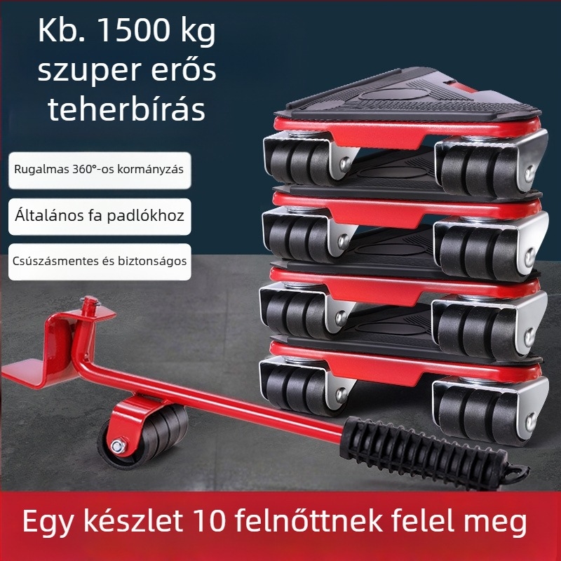 Költöztető eszköz háztartási gépek és bútorok számára — szénacél; egyszerű és modern design; alkalmas mosógépek, hűtőszekrények, kávéasztalok és ágyak mozgatására; ideális konyha, hálószoba és nappali használatra.