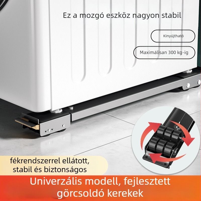 Mosógép alátámasztó keret rezgésbiztos magasságállítású, mozgatható univerzális kerekekkel