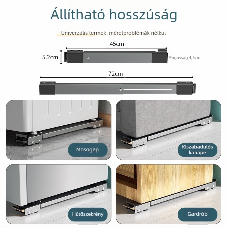 Mosógép alátámasztó keret rezgésbiztos magasságállítású, mozgatható univerzális kerekekkel